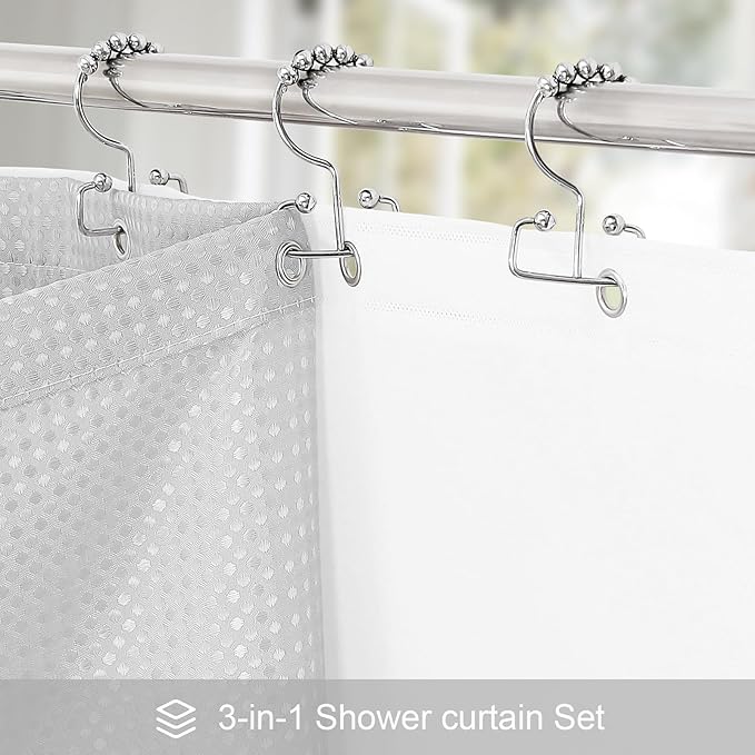 3 in 1 Shower Curtain Set, Light Grey Waffle Shower Curtain and PEVA Liner Set with 12 Stainless Steel Shower Curtain Hooks, Waterproof Shower Curtains for Bathroom, 72 W x 72 H
