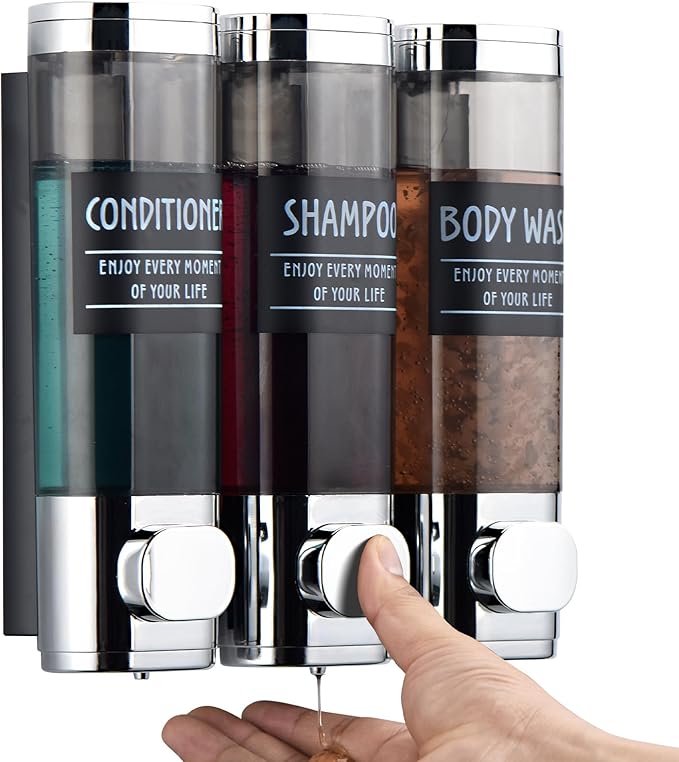 Shampoo and Conditioner Dispenser,GlintGath Shower Dispenser 3 Chamber No Drill Shampoo Dispenser for Shower Wall Mounted Shower Soap Dispenser for Bathroom Hotel,3 * 300ML,Chrome