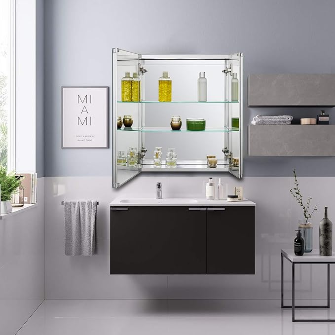 Fundin Bathroom Wall Mount Cabinet with Two Glass Shelves, 20 x 24 Inch Recess or Surface Mount Medicine Cabinet, Frameless Mirror Door Cabinet