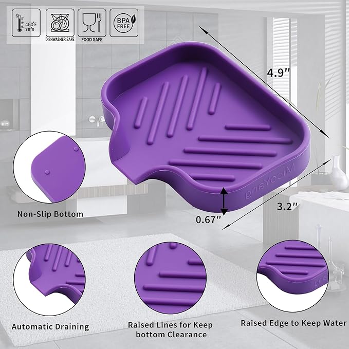 Silicone Bathroom Soap Dishes with Drain Spout-Bathroom and Kitchen Sink Organizer,Sponge Holder,Dish Soap Tray,Perfect for Dispenser,Scrubber,Bottle,Cup on Sink or Counter-Purple 4.9"×3.2"