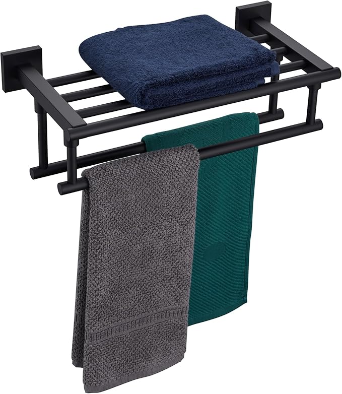 KOKOSIRI Bath Towel Rack with Double Towel Bars 16-Inch Bathroom Towel Shelves Towel Holder Wall Mounted Stainless Steel, Matte Black, B6005BK-L16