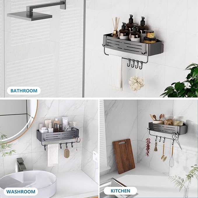 Onemake Shower Caddy Suction Cup, No Drilling Bathroom Shower Shelf, Corner Shower Caddy with 6 Portable Hooks, Removable Bath Organizer with Towel Bar for Bathroom Storage(Gray)