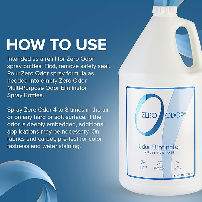Zero Odor - Multi-Purpose Strong Odor Eliminator for Home, Office, Car, Bathroom, Hotel, Room Deodorizer, and Odor Neutralizer, 128oz Refill