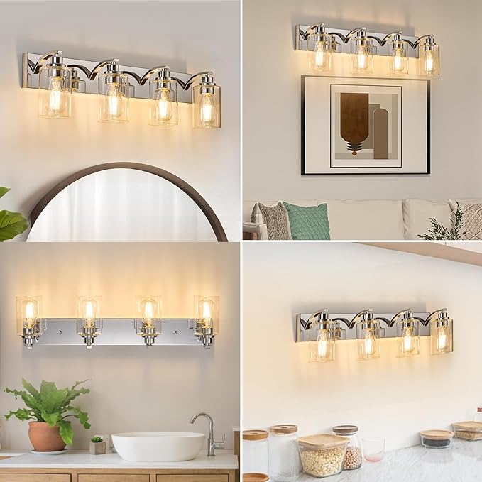 4-Light Bathroom Light Fixtures Modern Chrome Vanity Lights for Bathroom Lighting Fixtures Over Mirror with Clear Glass Shade for Cabinet Mirror Bedroom Hallway