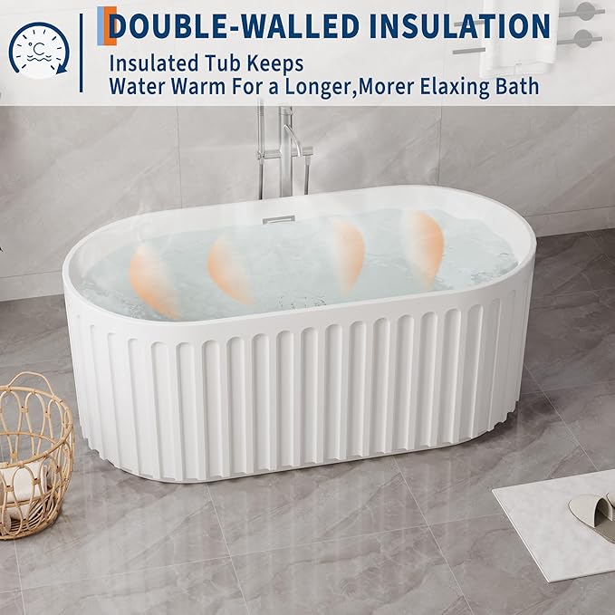 GarveeLife Freestanding Bathtubs 67 inch White Acrylic Free Standing Soaking Tub – Sleek Striped Design with Integrated Overflow, Pop-Up Drain & Hidden Pipe, Perfect for Contemporary Bathroom Décor