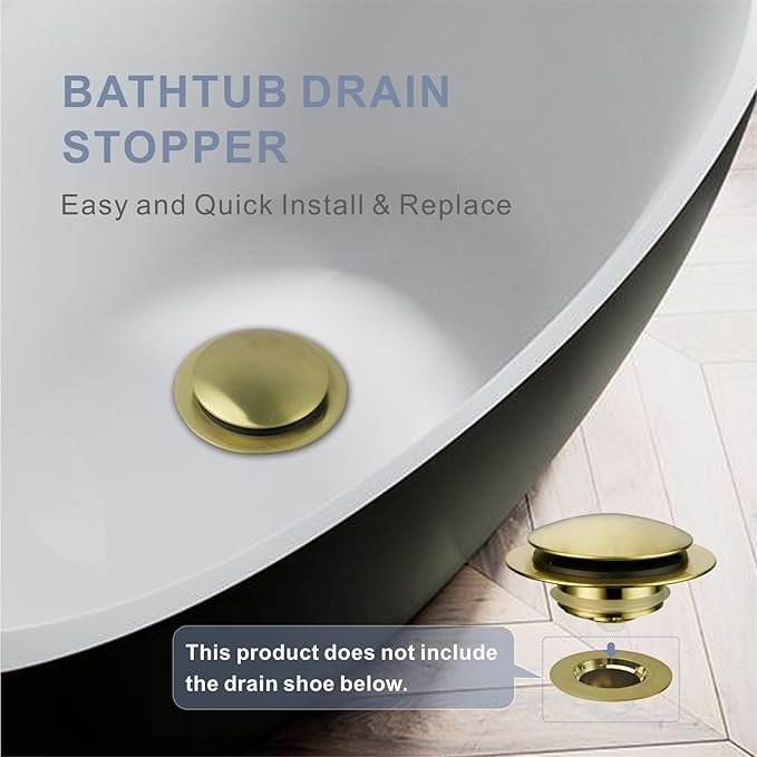 Gold Brushed Tub Drain Stopper,Universal Pop Up Bath Drain Plug Bathtub Drain Stopper,Hidrop Conversion Kit Assembly,Replaces Lift and Turn,Tip-Toe Plug Stopper for Tub,EZ Install(Gold Brushed)