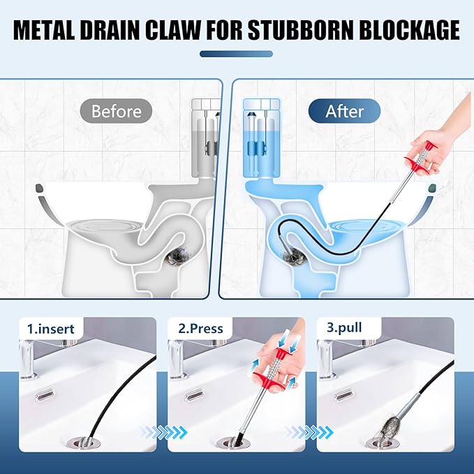 34'' Flexible Grabber Claw (4 Claws), Drain Snake with Tweezers, Bendable Hose Grabber Reacher Tool, Retractable Drain Clog Remover Tool, Pickup Tool for Bath Tub, Toilet, Kitchen Sink & Sewer