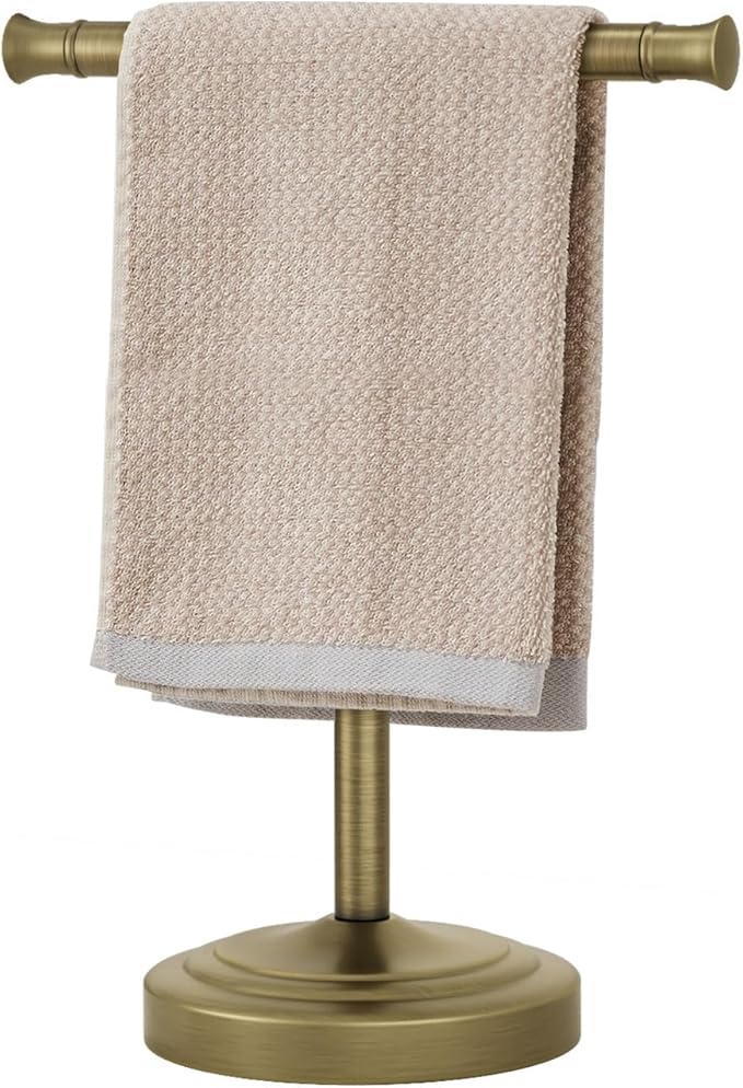 RUMOSE 13 Inch Antique Brass Towel Bar Stand Hand Holder Bathroom Kitchen Vanity Countertop T-Shape Towel Rack Free Standing Stainless Steel