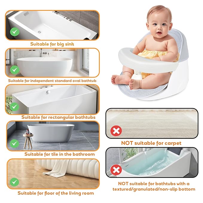 Swivel Baby Bath Seat, Openable Armrest and 360° Rotatable Baby Bath Seat for Babies 6 Months & up, Baby Bath Mat/Rinse Cup/Brush/Baby Shower Cap Included, White