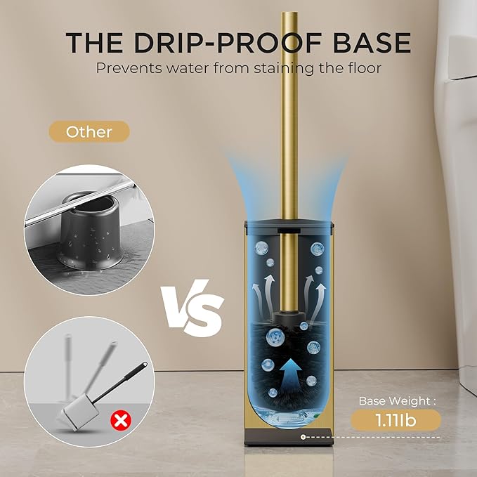 FORIOUS Toilet Brush and Holder Set, Heavy Duty 304 Stainless Steel Base Square and Long Handle for Bathroom Deep Cleaning, Drip-Proof, Space Saving for Storage, 2 Toilet Bowl Brush Head, Dark Gold