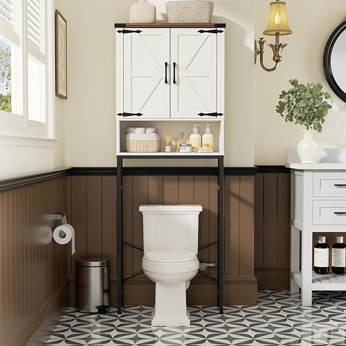 Over The Toilet Storage Cabinet with Farmhouse Doors and Adjustable Shelf, Tall Bathroom Organizer with Metal Stand Space Saver Over Toilet , Wood Rack for Bathroom, Restroom, Laundry, White