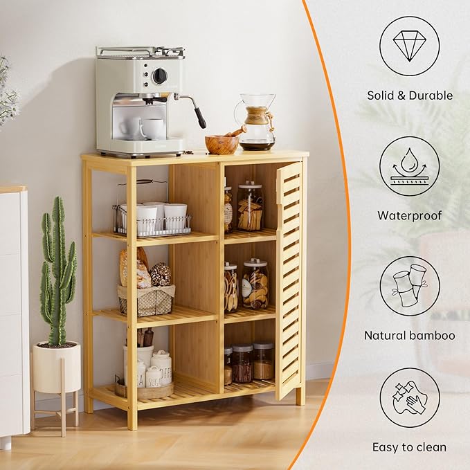 HITNET Bathroom Floor Cabinet, Bamboo Storage Cabinet with Door and 3 Open Shelves, Freestanding Side Kitchen Cupboard Organizer, Natural