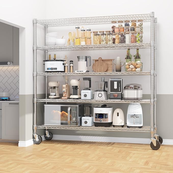 Homdox 5 Tier Heavy Duty Metal Wire Shelving with Wheels, 3000 lbs Capacity Garage Storage Rack, Rolling Industrial Storage, Adjustable Commercial Shelves for Kitchen, Warehouse, 18"x60"x82", Chrome