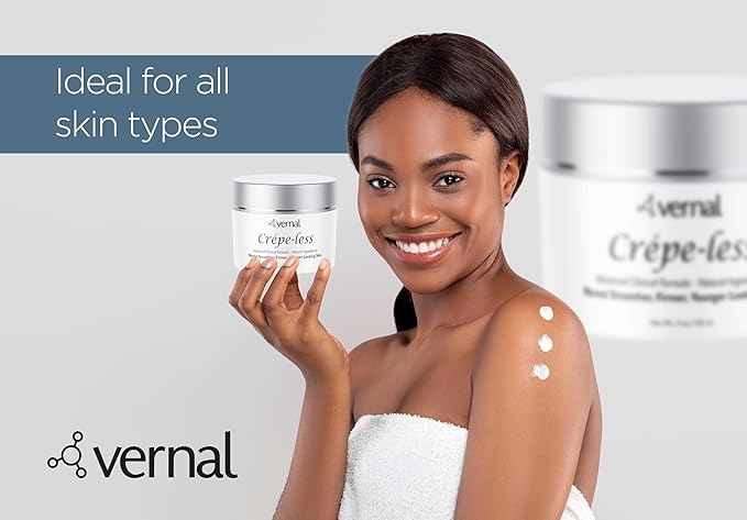 Vernal Crepe-less crepey skin firming cream to reduce crepey arms, neck & hands. Organic tightening cream to reduce thin wrinkled skin on arms, neck and body. Made in USA (4 Oz)