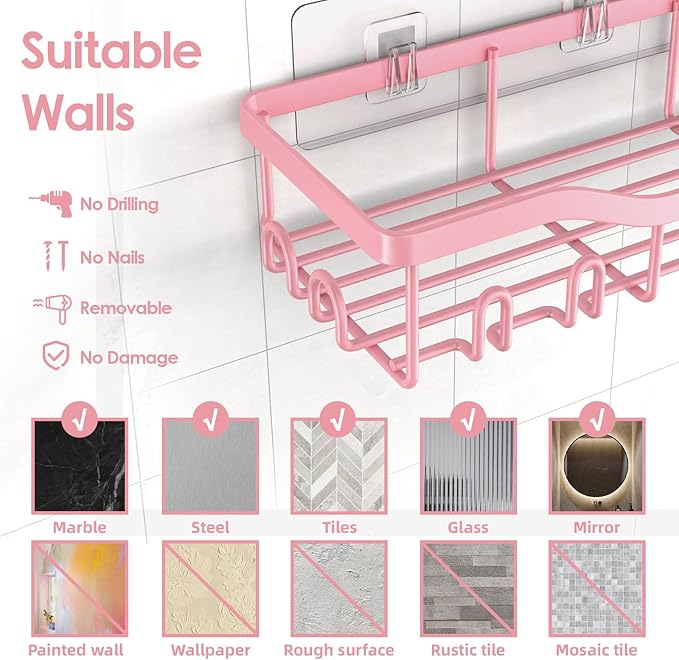 Shower Caddy Adhesive Shower Organizer 7-Pack, Rustproof Stainless Steel Bathroom Shelves, Large Capacity No-Drill Rack Storage Accessories with Soap Dish Toothbrush Holder Hooks (Pink)