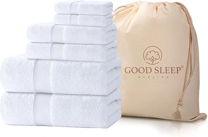 100% Cotton Bath Towel Set, Set of 6 Bath Towels, 2 Bath Towel, 2 Hand Towels, 2 Wash Cloths for Showering, Highly Absorbent Bathroom Set, Super Soft & Quick Dry Towels for Bathroom, White