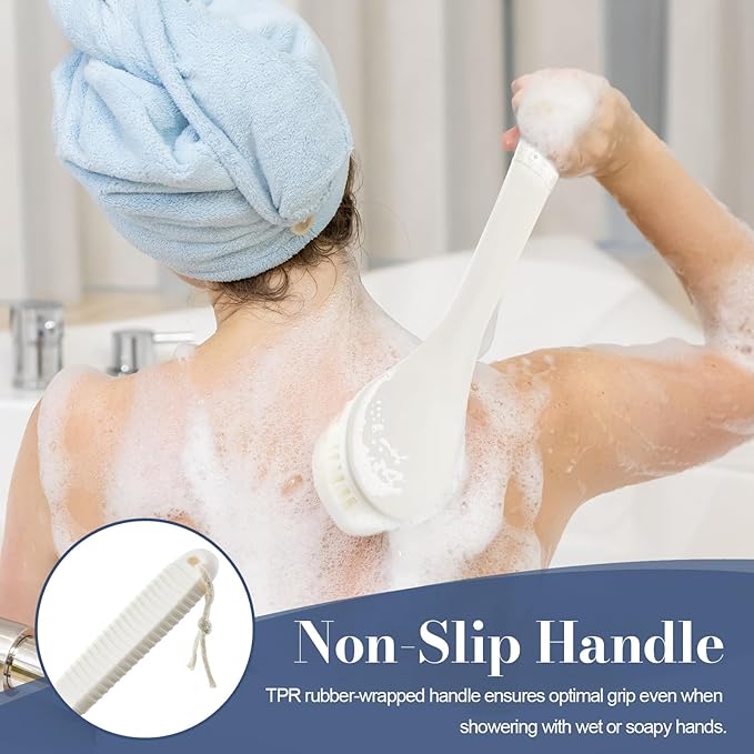 Back Scrubber for Shower, Shower Body Brush for Cleaning with Long Handle for Showering, 17 Inch Back Washer Exfoliator for Shower Men Women with Non-Slip Handle, Adhesive Hook (Cream White)