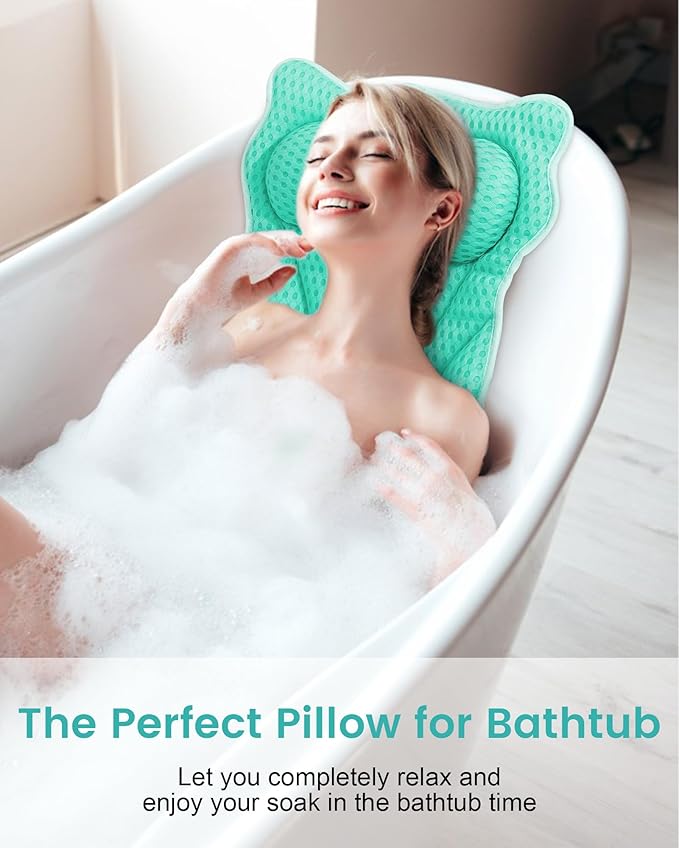 Bath Pillow, Bath Pillows for Tub Neck and Back Support, Soft 4D Air Mesh Bathtub Pillow 16.5 x 17.3 INCH, with 6 Powerful Suction Cups, Bath Accessories Relaxing Gifts for Women (Lake Blue)