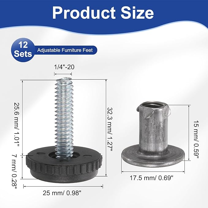 uxcell 1/4"-20 Thread Furniture Feet Levelers, 12Set 25.6mm L Adjustable Furniture Feet Screw in Threaded Leveling Leg Screw on Chair Foot Glides Leveling for Table Chair Cabinet Black