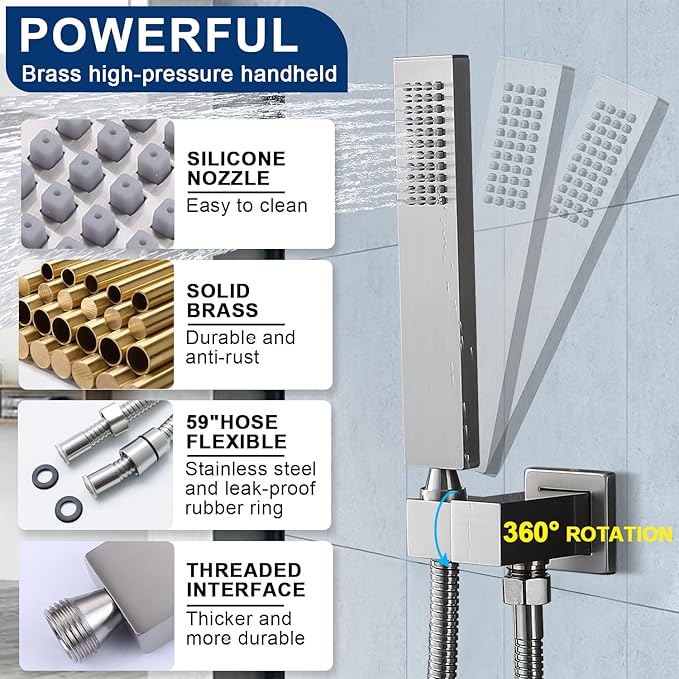 Shower System Dual Shower Heads with 12" Ceiling Mounted Rain Shower Head & 6" Wall Mounted Head Full Body Luxury Rain Shower System 3 Way Pressure Balance Valve Kit, Brushed Nickel