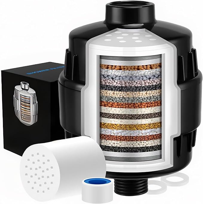 20 Stage Shower Filter - 99% REMOVAL Heavy Duty High Output Shower Head Filter for Hard Water, Chlorine, Heavy Metals Substance,Improve Skin,Hair and Nails,Chrome（Black)