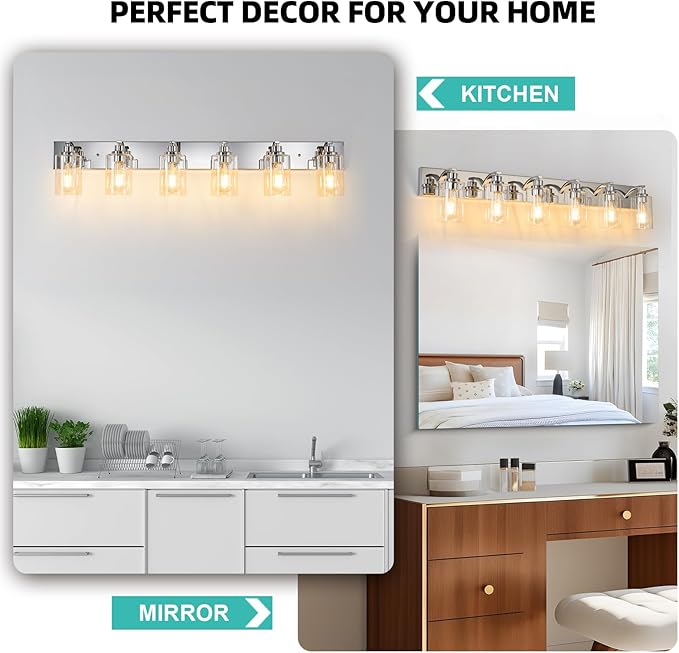 6-Light Bathroom Light Fixtures Modern Chrome Vanity Lights for Bathroom Lighting Fixtures Over Mirror with Clear Glass Shade for Cabinet Mirror Bedroom Hallway