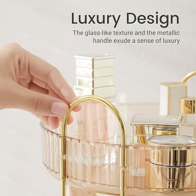 Aveniee Rotating Makeup Organizer for Vanity, 3 Tier Perfume Skincare Organizers and Storage for Bathroom Countertop, Clear Spinning Counter Shelf Cosmetic Holder for Dresser,Gold