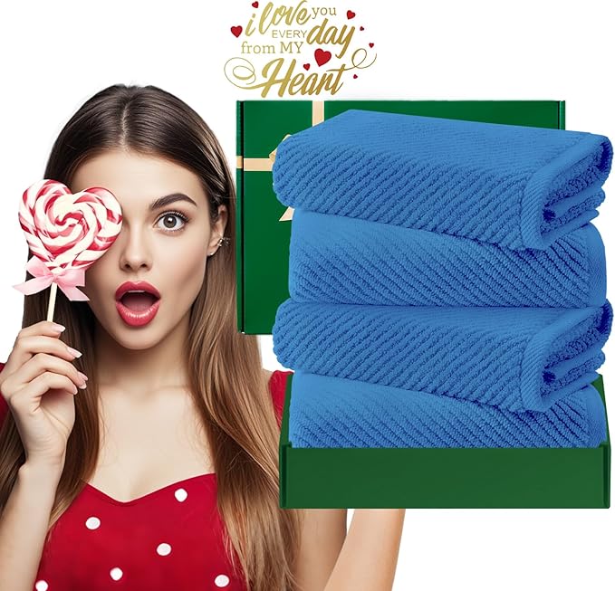VOOVA & MOVAS Blue Hand Towels for Bathroom, 4 Pack Large 18"x28" - 100% Cotton | Quick Dry | Thick | Soft | Lightweight, Bathroom Hand Towels, Luxury Towel Gift Set, Denim Blue
