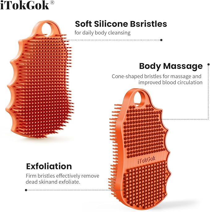 Silicone Body Scrubber Silver-Infused Dual-Sided 3-in-1 for Shower, Body Cleaning+Massage+Exfoliator Body Brush Buffer for Men and Women, Silicone Loofah, Non-Slip Handle (Orange)