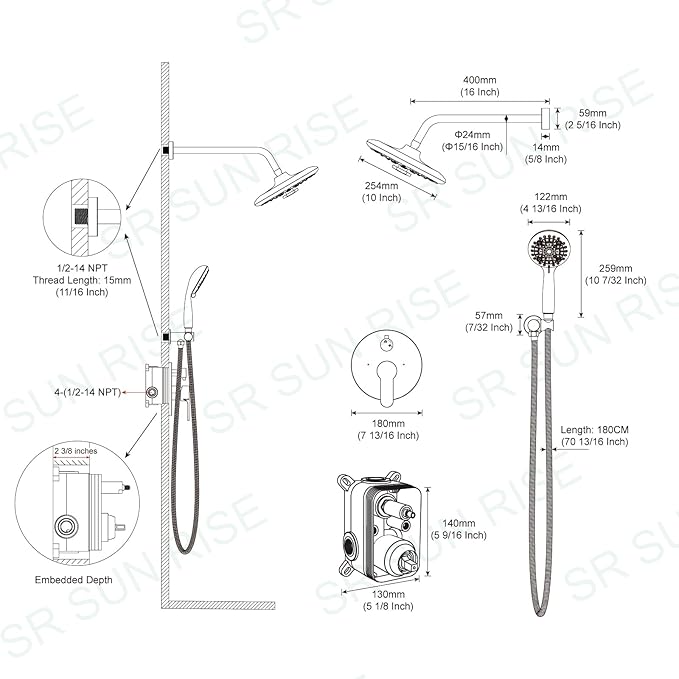 SR SUN RISE Shower Faucet - 10 Inch Multifunctional High Pressure Shower Head System with Handheld Shower Head Fixtures - Valve Included - Brushed Gold
