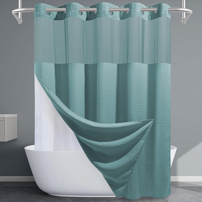 Teal Long No Hook Shower Curtain with Snap in Liner,230GSM Waffle Weave Shower Curtains for Bathroom,71W x 86H