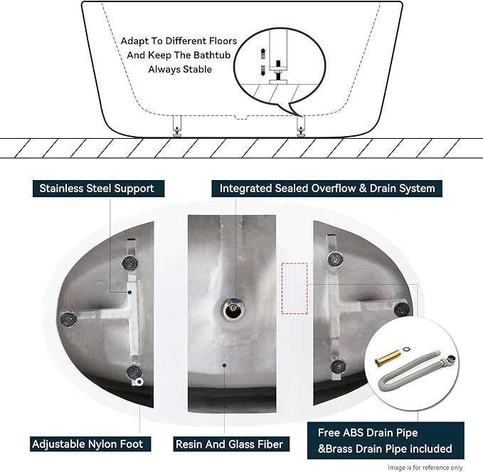 FerdY Koh Samui 65" Acrylic Freestanding Bathtub, Oval Contemporary Soaking Bathtub, Glossy White, cUPC Certified, Toe-Tap Chrome Drain & Overflow Assembly Included