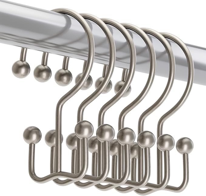 Titanker Shower Curtain Hooks Matte Nickel, Minimalist Simple Double Glide Shower Curtain Rings, Rust Proof Metal Shower Hooks Rings for Bathroom Shower Rods Curtains, Set of 12 Hooks