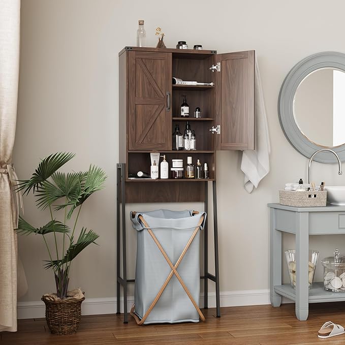 Over The Toilet Storage Cabinet with 2-Door Design Bathroom Organizers and Storage with Anti-Tip Device Over Toilet Organizer with Shelves for Bathroom,Restroom,Laundry Espresso