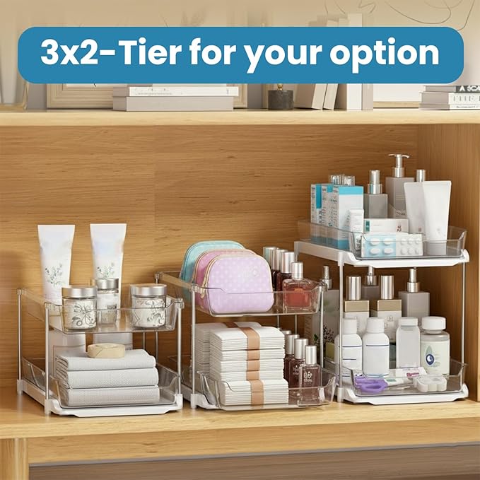 Bathroom Organizers And Storage – With Multipurpose Holder, 2 Sets of 3-Tiers Stackable Under Sink Bathroom Drawer Organizer Multi-Purpose Pantry Organizer And Kitchen Organization With Dividers