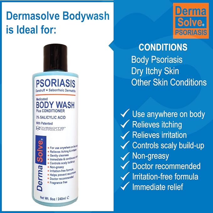 Dermasolve Medicated Psoriasis Body Wash - 2-Pack (8.0 oz each) - Proven to Provide Relief from Psoriasis, Eczema & Seborrheic Dermatitis, Doctor Recommended for Dry, Itchy, Red, Flaky, Scaly Skin