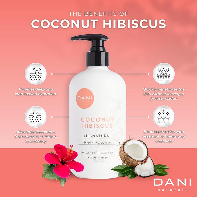 DANI Naturals Hand & Body Lotion - Coconut Hibiscus Scented, Moisturizing & Nourishing Lotion for Dry Skin, Deep Hydration with Natural & Organic Ingredients, Paraben-Free, Vegan & Cruelty-Free, 12 Oz