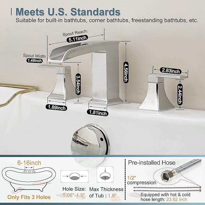 Brass Roman Tub Faucets, High Flow Waterfall Deck Mount Bathtub Faucet Set, Widespread 3 Hole with Dual Handles & Pre-Installed Hose, Modern Style Suit Soaking Tub, Chrome