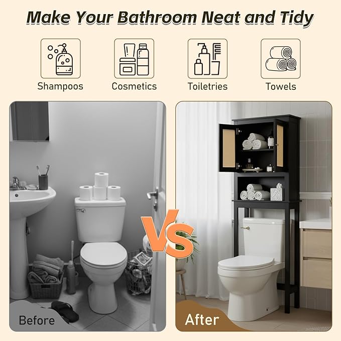 Over The Toilet Storage Cabinet, Behind Toilet Bathroom Organizer with Adjustable Shelves, Above Toilet Organizers with Barn Door, Space Saver for Restroom, Bathroom, Laundry