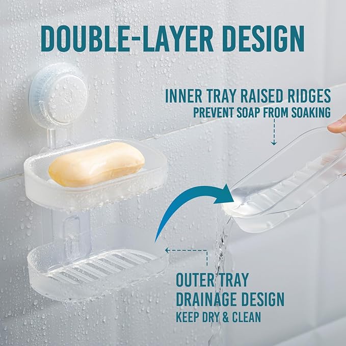 TAILI Double Layer Soap Dish Holder Suction Cup, Strong Sponge Holder for Shower, No Tools Soap Saver for Bathroom, Tub and Kitchen Sink, Shower Accessories, Drill-Free, Removable,Clear