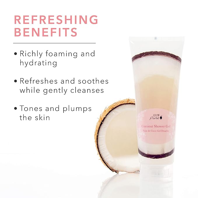 100% PURE Coconut Shower Gel Natural Foaming & Hydrating Body Wash - Deeply Moisturizing Gentle Soap Cleanser for All Skin Types, Even Sensitive - Gluten-Free - 8 Fl Oz