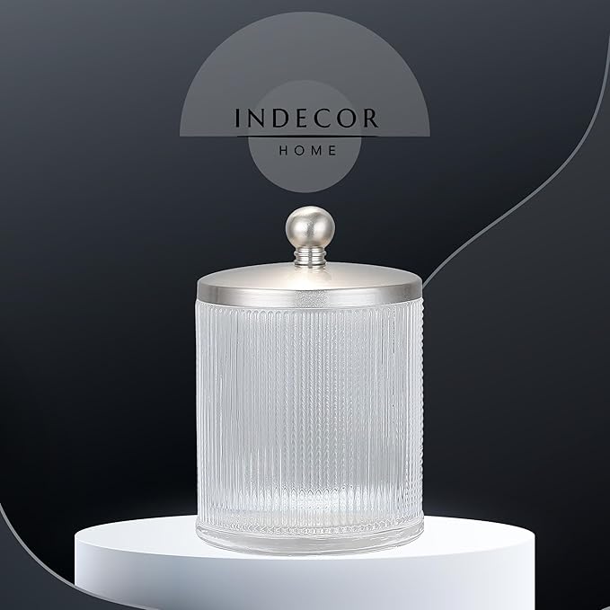 Clear Transparent Apothecary Ribbed Geometric Etched Glass Jar W/Satin Nickel Metal Lid for Bathroom Organization, Cotton Balls, Q Tips, and Small Accessories, Bathroom Storage