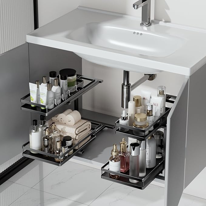Under Sink Organizer, JCYLQ Dual-Rail Ball-Bearing, Under Kitchen Sink Organizer, 6-Level Adjustable, Under Cabinet Storage, No-Drill Adhesive/Suction, Under Sink Organizers and Storage (1-Pack)