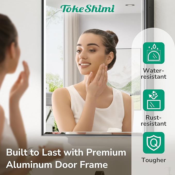 TokeShimi 12x36 Recessed Medicine Cabinet with Mirror Surface Mount, Aluminum Framed Metal Black Medicine Cabinet Mirrored, Bathroom Beveled Mirror with Storage Adjustable