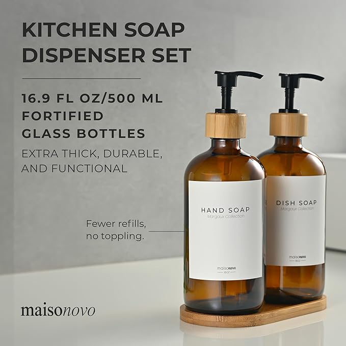 Maisonovo Glass Soap Dispenser Bathroom Set | Hand Soap and Dish Soap Dispenser Set | 16.9oz Amber Bottles with Black Bamboo Pump | Bathroom Lotion Dispenser with Pump Set of 2