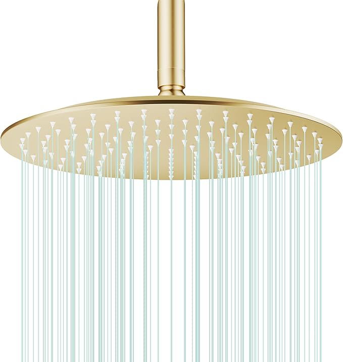 All Metal Rain Shower Head - Heavy Duty Stainless Steel, Easy Install, High Water Flow, Ultra-Thin Modern Design for Bathroom (F-Brushed Gold, 12)