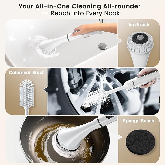 Electric Spin Scrubber Brush - Rechargeable Cordless Cleaning Brush with Full-Body IPX7 Waterproof, 6 Interchangeable Heads & 2-Speed Modes for Bathroom, Kitchen, Tile