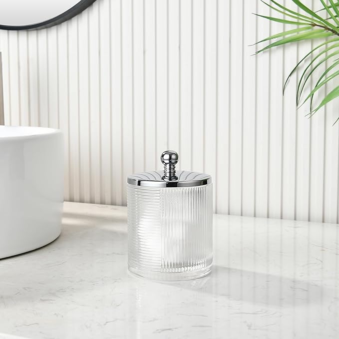 Clear Transparent Apothecary Ribbed Geometric Etched Glass Jar W/Silver/Chrome Metal Lid Cover for Bathroom Organization, Cotton Balls, Q Tips, and Small Accessories, Bathroom Storage