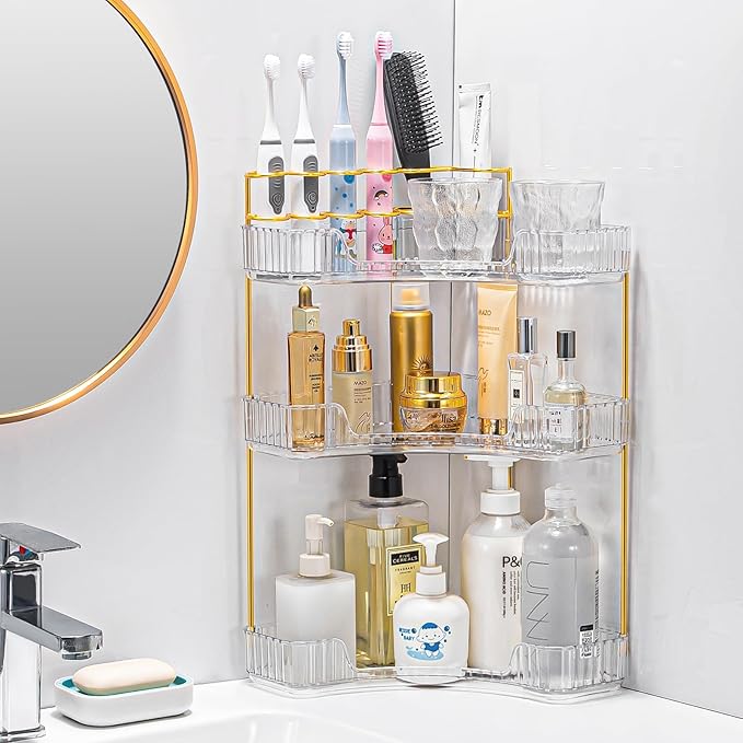 Upgraded 3-Tier Corner Bathroom Countertop Organizer – Spacious Storage for Makeup, Skincare & Perfumes, Built-in Brush Holder Fits Vanity/Dresser/Bsthtub (Classic White)