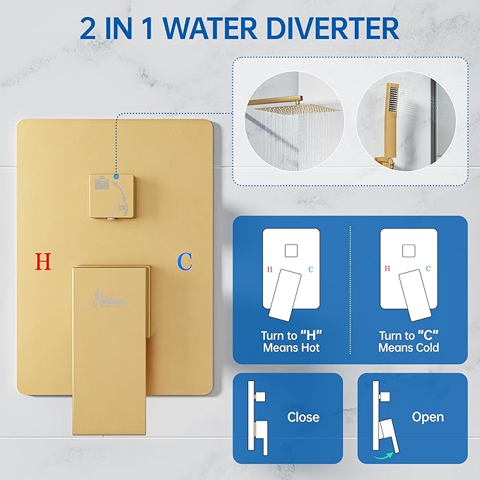 10 Inch Luxury Rain Shower Faucet Set, Brushed Gold Shower System with Rainfall Shower Head and Handheld Spray, SUS304 Stainless Steel and Solid Brass Wall Mounted Shower Valve Trim Kit